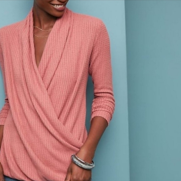 Anthropologie Akemi + Kin Woodruff Waffle Knit Surplice Shirt Mauve - Picture 1 of 9